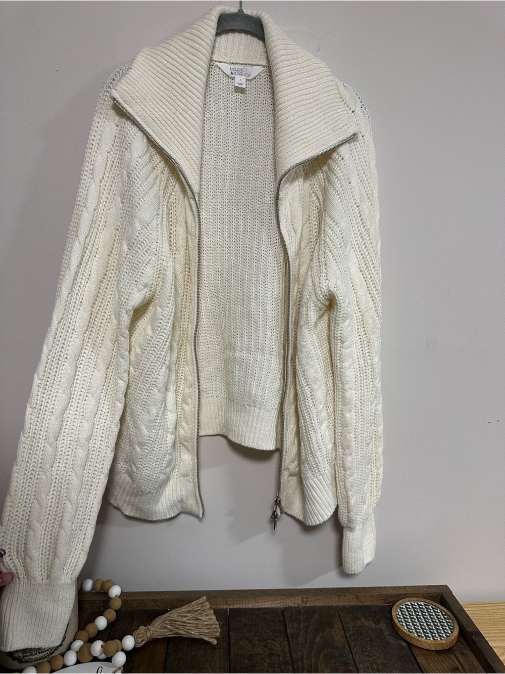 Market & Spruce Cream Cable-Knit Zip Cardigan